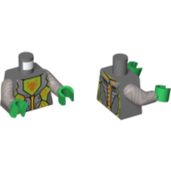 Torso Nexo Knights Armor with Orange and Gold Circuitry and Lime Emblem with Orange Fox Head Pattern / Flat Silver Arms / Green Hands
