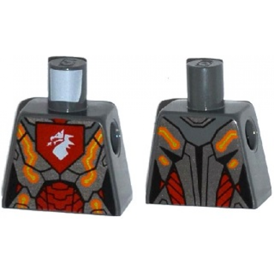 Torso Nexo Knights Female Armor with Orange and Gold Circuitry and White Dragon Head on Red Pentagonal Shield Pattern