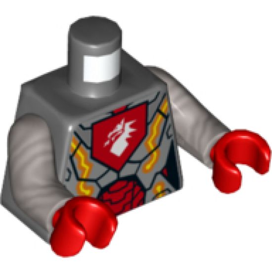 Torso Nexo Knights Female Armor with Orange and Gold Circuitry and White Dragon Head on Red Pentagonal Shield Pattern / Flat Silver Arms / Red Hands