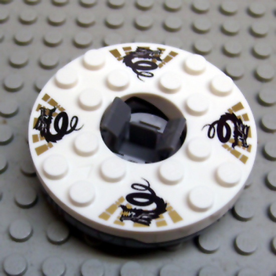 Turntable 6 x 6 x 1 1/3 Round Base with White Top with Black Dragons on Gold Pattern (Ninjago Spinner)