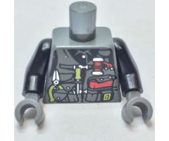 Torso Dino Vest with Lime Handle Tools and Red Pocket Book Pattern / Black Arms / Dark Bluish Gray Hands