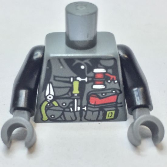 Torso Dino Vest with Lime Handle Tools and Red Pocket Book Pattern / Black Arms / Dark Bluish Gray Hands