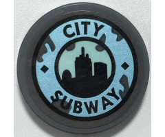 Tile, Round 2 x 2 with Bottom Stud Holder with Black 'CITY SUBWAY' on Metallic Light Blue, Skyline on Light Aqua Circle Pattern (Sticker) - Set 70427