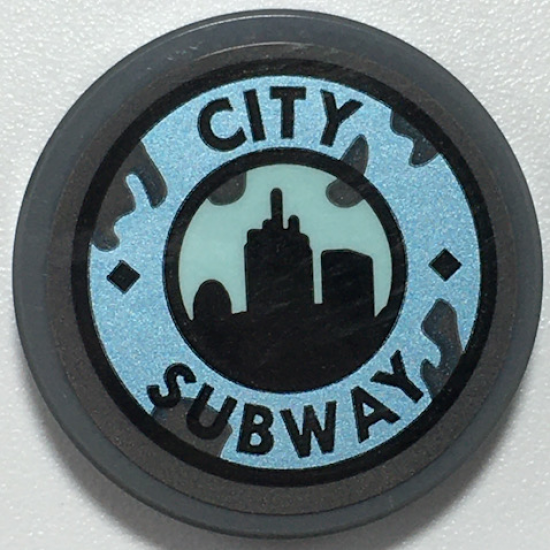 Tile, Round 2 x 2 with Bottom Stud Holder with Black 'CITY SUBWAY' on Metallic Light Blue, Skyline on Light Aqua Circle Pattern (Sticker) - Set 70427