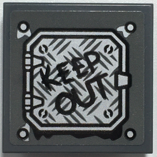 Tile, Modified 2 x 2 Inverted with Black 'KEEP OUT' on Silver Tread Plate Panel Pattern (Sticker) - Set 70435