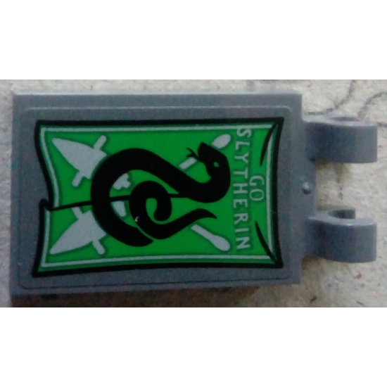 Tile, Modified 2 x 3 with 2 Clips with 'GO SLYTHERIN' and Snake Banner Pattern (Sticker) - Set 75956