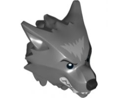 Minifigure, Head, Modified Werewolf with Smooth Hair and Brow with Black Nose, White Teeth and Fangs and Gray Fur Pattern