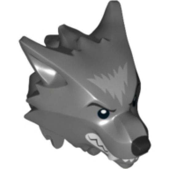 Minifigure, Head, Modified Werewolf with Smooth Hair and Brow with Black Nose, White Teeth and Fangs and Gray Fur Pattern