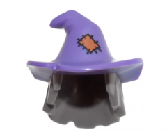 Minifigure, Hair Combo, Hair with Hat, Mid-Length Scraggly with Dark Purple Floppy Witch Hat with Orange Patch Pattern