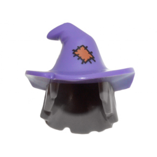 Minifigure, Hair Combo, Hair with Hat, Mid-Length Scraggly with Dark Purple Floppy Witch Hat with Orange Patch Pattern