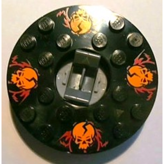 Turntable 6 x 6 x 1 1/3 Round Base with Black Top with Orange Skulls on Red Pattern (Ninjago Spinner)