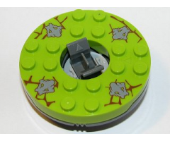 Turntable 6 x 6 x 1 1/3 Round Base with Lime Top with Dark Bluish Gray Stone Faces on Reddish Brown Cracks Pattern (Ninjago Spinner)