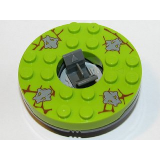 Turntable 6 x 6 x 1 1/3 Round Base with Lime Top with Dark Bluish Gray Stone Faces on Reddish Brown Cracks Pattern (Ninjago Spinner)