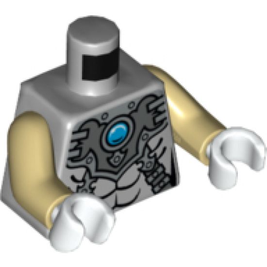 Torso Chima Silver Armor with Straps and Blue Round Jewel (Chi) Pattern / Tan Arms / White Hands