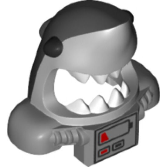 Minifigure, Headgear Mask Shark Head with Open Mouth with White Teeth, Black Eyes, Metallic Silver Shoulder Pads and Front Panel and Battery Pattern