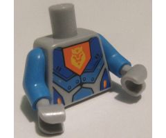 Torso Nexo Knights Armor with Orange Emblem with Yellow Crowned Lion, Blue Panels Pattern / Dark Azure Arms / Light Bluish Gray Hands