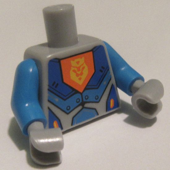 Torso Nexo Knights Armor with Orange Emblem with Yellow Crowned Lion, Blue Panels Pattern / Dark Azure Arms / Light Bluish Gray Hands