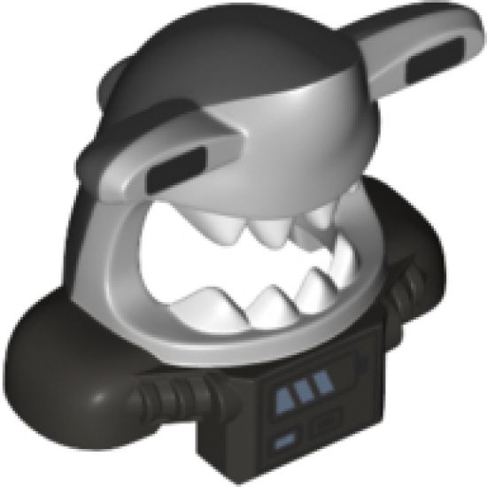 Minifigure, Headgear Mask Shark Head with DBG Back, Extended Eyes, White Teeth, Pearl Dark Gray Shoulder Pads and Front Battery Panel Pattern