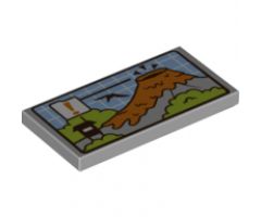 Tile 2 x 4 with Volcano and Flying Dinosaur Pattern