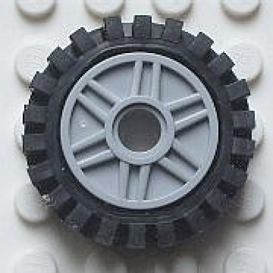 Wheel & Tire Assembly 18mm D. x 8mm with Fake Bolts and Shallow Spokes with Black Tire 24mm D. x 8mm Offset Tread - Interior Ridges (56902 / 3483)