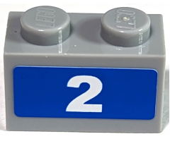 Brick 1 x 2 with White '2' on Blue Background Pattern (Sticker) - Set 7641
