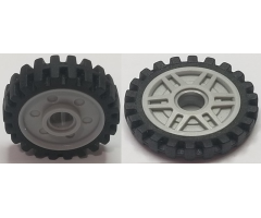Wheel & Tire Assembly 18mm D. x 8mm with Fake Bolts and Deep Spokes with Inner Ring with Black Tire Matching Tread - Band Around Center of Tread (13971 / 61254b)