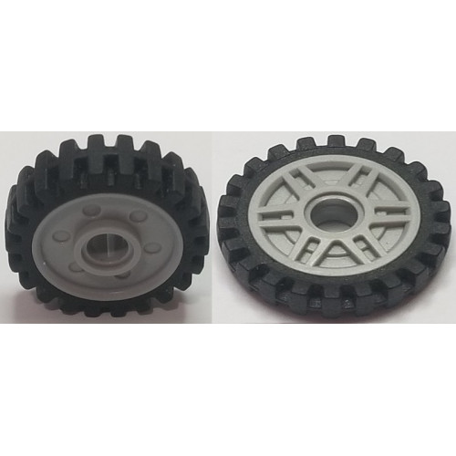 Wheel & Tire Assembly 18mm D. x 8mm with Fake Bolts and Deep Spokes with Inner Ring with Black Tire Matching Tread - Band Around Center of Tread (13971 / 61254b)