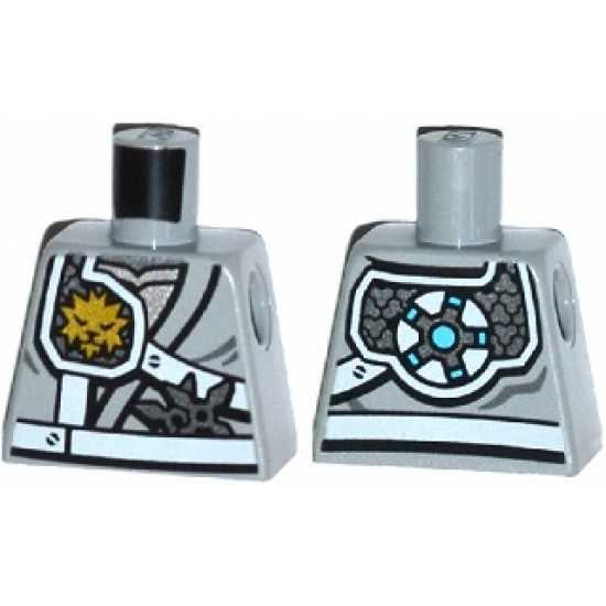 Torso Ninjago Shoulder Protection with White Straps and Gold Lion Emblem over Robes, Shurikens in Belt Pattern