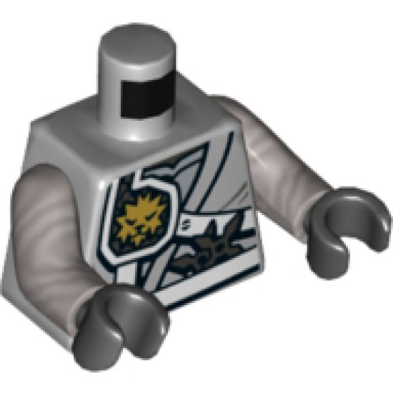 Torso Ninjago Shoulder Protection with White Straps and Gold Lion Emblem over Robes, Shurikens in Belt Pattern / Flat Silver Arms / Black Hands