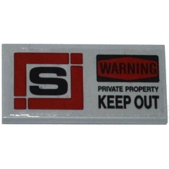 Tile 2 x 4 with 'S' in Dark Red Square, 'WARNING', 'PRIVATE PROPERTY' and 'KEEP OUT' Pattern (Sticker) - Set 79115