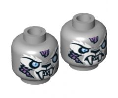 Minifigure, Head Dual Sided Alien Chima Tiger with Fangs, White Face Fur and Light Blue Eyes, Smile / Angry Pattern (Sykor) - Hollow Stud