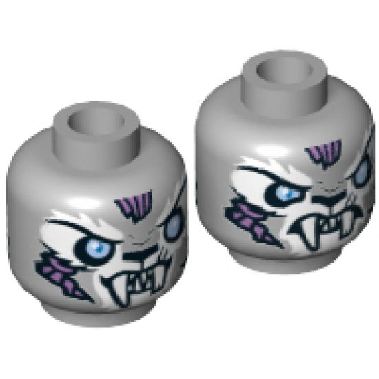 Minifigure, Head Dual Sided Alien Chima Tiger with Fangs, White Face Fur and Light Blue Eyes, Smile / Angry Pattern (Sykor) - Hollow Stud