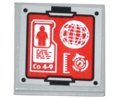 Tile 2 x 2 with Minifigure Silhouette, 'Co 4-9', Sphere and Gauges on Red Screen Pattern (Sticker) - Set 70815