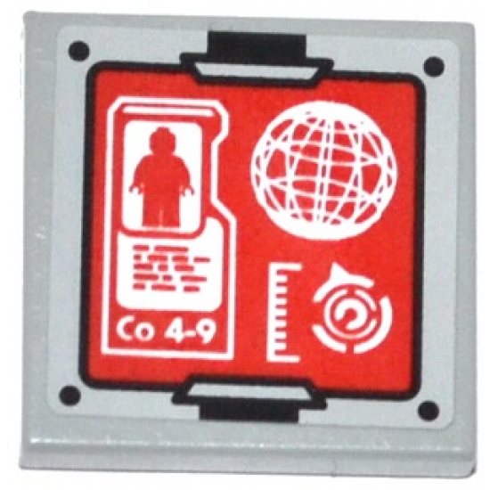 Tile 2 x 2 with Minifigure Silhouette, 'Co 4-9', Sphere and Gauges on Red Screen Pattern (Sticker) - Set 70815