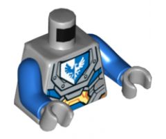 Torso Nexo Knights Armor with Orange and Gold Circuitry and Emblem with Blue Falcon Pattern / Blue Arms / Light Bluish Gray Hands