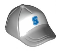 Minifigure, Headgear Cap - Short Curved Bill with Seams and Button on Top and Blue 'S' on White Pattern