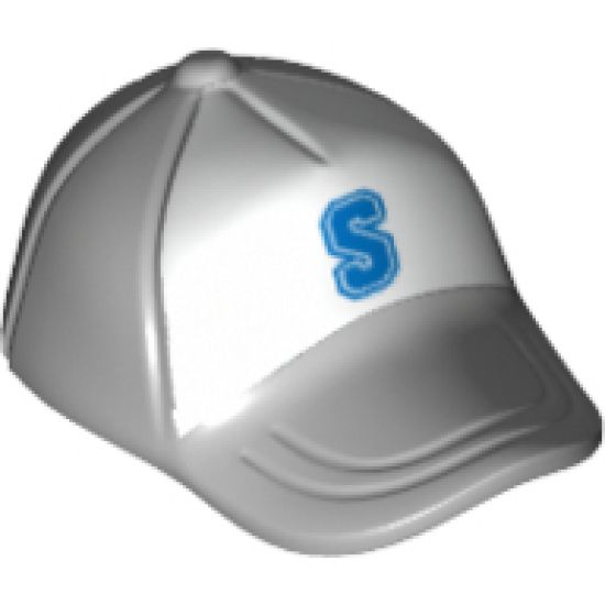 Minifigure, Headgear Cap - Short Curved Bill with Seams and Button on Top and Blue 'S' on White Pattern