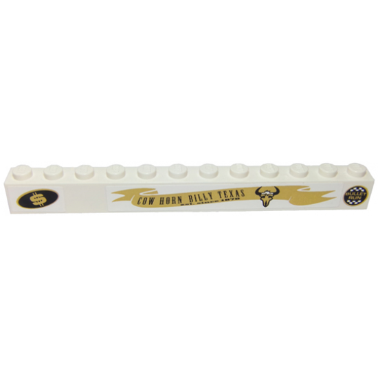 Brick 1 x 12 with 'BULLET RUN', Dollar Sign and 'COW HORN BILLY TEXAS' Pattern Model Left (Stickers) - Set 8147
