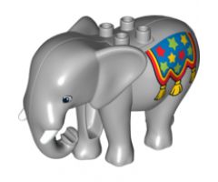 Duplo, Animal Elephant Adult, Walking, Molded Tusks, Eyes Squared Pattern with Blue Blanket with Stars and Tassels