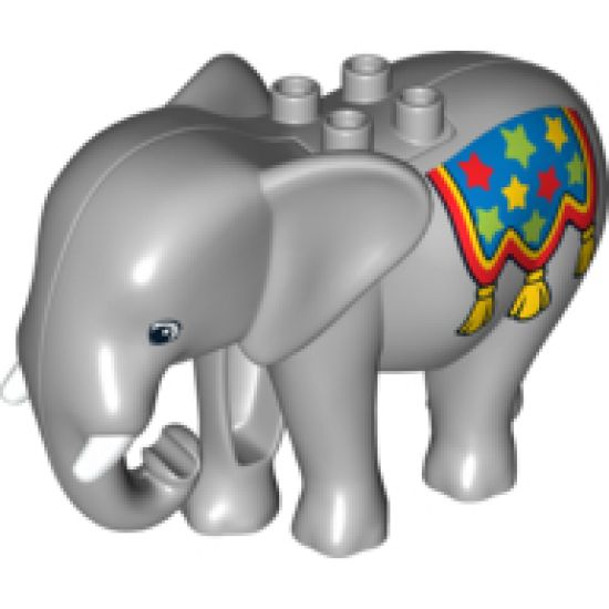 Duplo, Animal Elephant Adult, Walking, Molded Tusks, Eyes Squared Pattern with Blue Blanket with Stars and Tassels