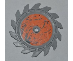 Technic Circular Saw Blade 9 x 9 with Pin Hole and Teeth in Same Direction with Splatter and Scratches on Orange Background Inside Pattern (Sticker) - Sets 8708 / 8963