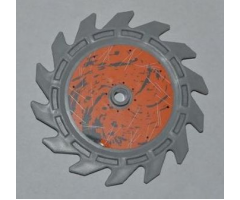 Technic Circular Saw Blade 9 x 9 with Pin Hole and Teeth in Same Direction with Splatter and Scratches on Orange Background Inside Pattern (Sticker) - Sets 8708 / 8963