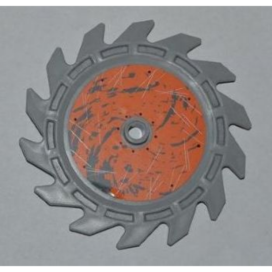 Technic Circular Saw Blade 9 x 9 with Pin Hole and Teeth in Same Direction with Splatter and Scratches on Orange Background Inside Pattern (Sticker) - Sets 8708 / 8963