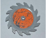 Technic Circular Saw Blade 9 x 9 with Pin Hole and Teeth in Same Direction with Splatter and Scratches on Orange Background Outside Pattern (Sticker) - Sets 8708 / 8963