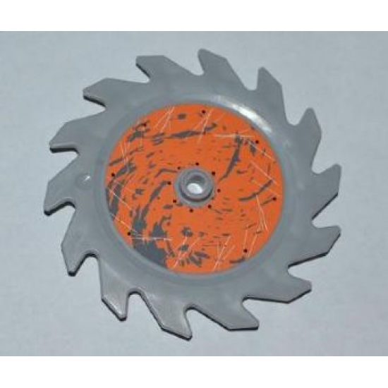 Technic Circular Saw Blade 9 x 9 with Pin Hole and Teeth in Same Direction with Splatter and Scratches on Orange Background Outside Pattern (Sticker) - Sets 8708 / 8963
