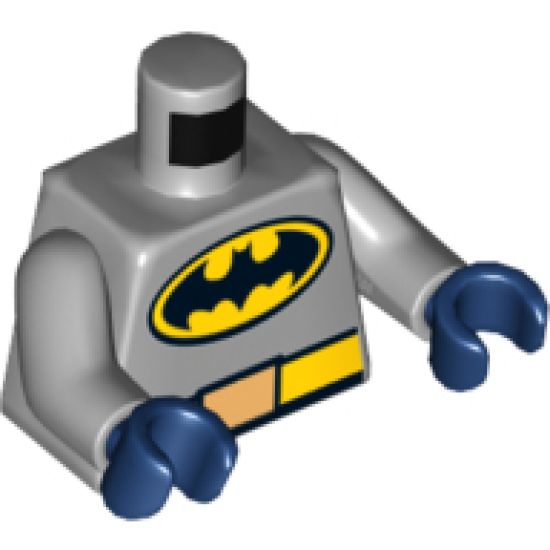 Torso Batman Logo in Yellow Oval, Yellow Belt with Gold Buckle, Orange and Lime Moth on Back Pattern / Light Bluish Gray Arms / Dark Blue Hands