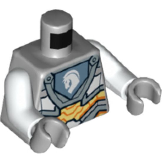 Torso Nexo Knights Armor with Orange and Gold Circuitry and Emblem with White Horse Pattern / White Arms / Light Bluish Gray Hands