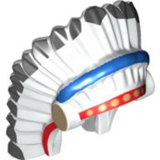 Minifigure, Headgear Headdress Indian with Colored Feathers, Gold Dots on Red and Black Hair on Back Pattern