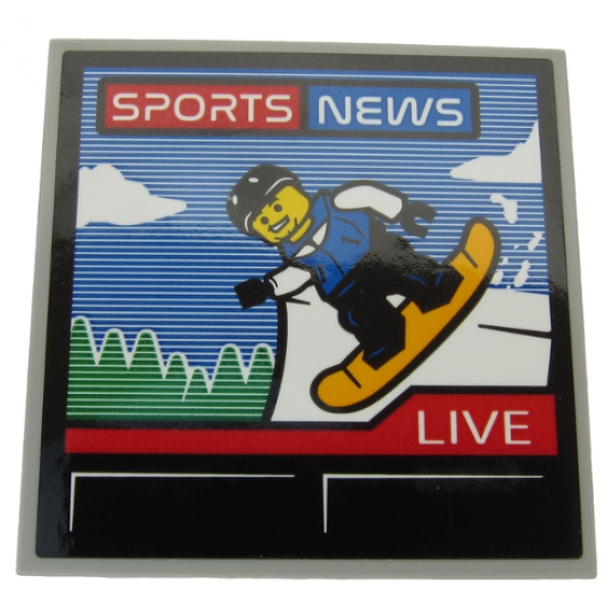 Tile 6 x 6 with Bottom Tubes with TV Screen with 'SPORTS NEWS', 'LIVE' and Snowboarder Pattern (Sticker) - Set 60203