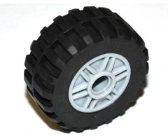 Wheel & Tire Assembly 18mm D. x 14mm with Pin Hole, Fake Bolts and Shallow Spokes with Black Tire 30.4 x 14 Offset Tread - Band Around Center of Tread (55981 / 92402)